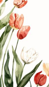 An array of tulips painted in watercolor, featuring warm hues against a white backdrop, designed for an iPhone wallpaper.