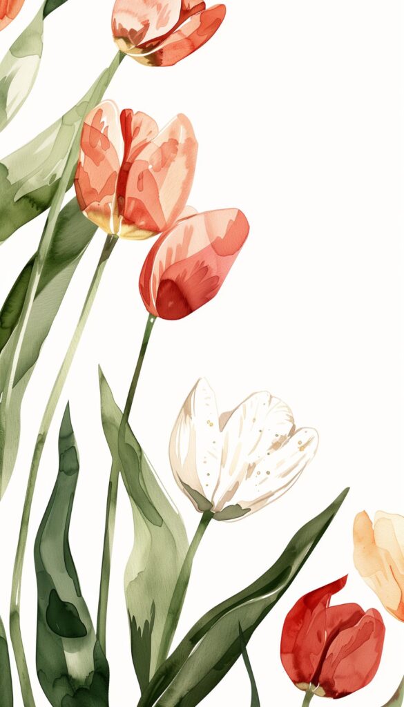 An array of tulips painted in watercolor, featuring warm hues against a white backdrop, designed for an iPhone wallpaper.