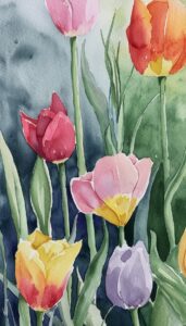 A selection of watercolor tulips in shades of red, pink, yellow, and purple, perfect as a vibrant iPhone wallpaper or phone background.