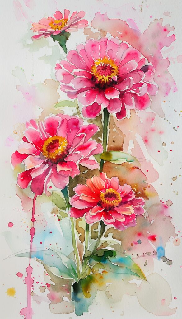 An iPhone wallpaper with a watercolor painting of pink zinnias, showcasing vivid splashes of color and an artistic, fluid style on a white background.