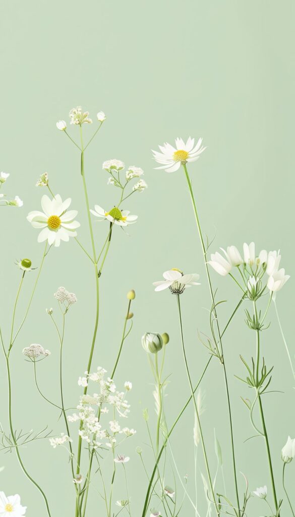 A collection of white wildflowers, including daisies and Queen Anne's lace, standing against a soft green background.