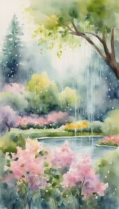 Soft watercolor of a rainy garden with lush greenery and pink blooms suitable for iPhone wallpaper.