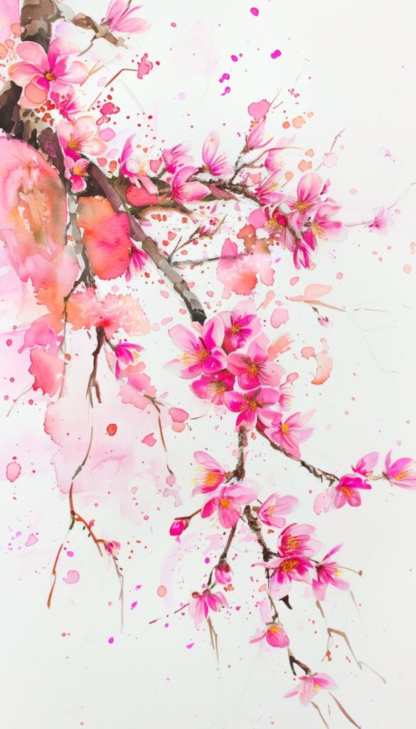 Pink cherry blossoms with vivid splashes of color against a white background, ideal for an iPhone wallpaper.