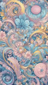 An iPhone wallpaper with a detailed baroque-inspired pattern featuring pastel blue, pink, and yellow flowers and scroll designs.