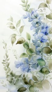 Watercolor painting of blue flowers with green leaves on a white background, suitable for use as iPhone wallpaper or phone background.