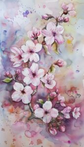 Watercolor painting of cherry blossoms in soft pinks and purples suitable for iPhone wallpaper.