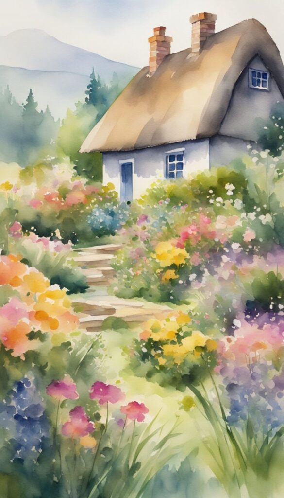 Watercolor painting of a quaint cottage surrounded by a lush garden with a stone path, suitable as a charming iPhone wallpaper or phone background.