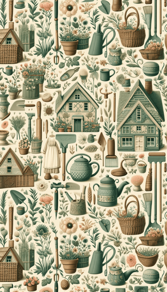 A vertical iPhone wallpaper displaying a cottagecore-themed pattern with illustrations of quaint houses, gardening tools, and plants.