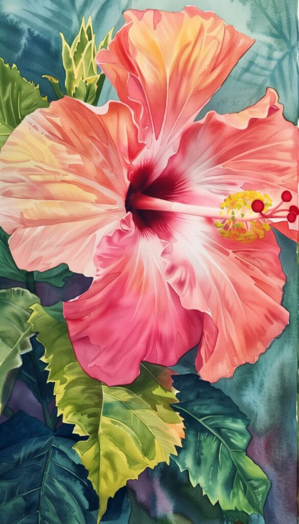 Watercolor artwork of a large pink hibiscus flower with vibrant green leaves, suitable for use as a striking iPhone wallpaper.