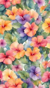 A variety of colorful hibiscus flowers with overlapping petals in shades of pink, orange, and purple, set against a backdrop of green leaves for a phone wallpaper.