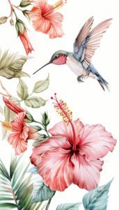 A watercolor illustration of a hummingbird with outstretched wings feeding on a large pink hibiscus flower, suitable for use as iPhone wallpaper.