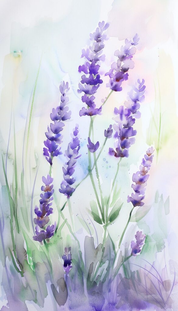 Watercolor painting of lavender flowers in pastel purple and green hues, ideal for iPhone wallpaper or phone background.