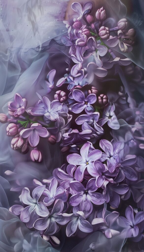 A lush cluster of lilac flowers with shades ranging from deep violet to light lavender, set against a soft, blurred background for phone wallpaper.