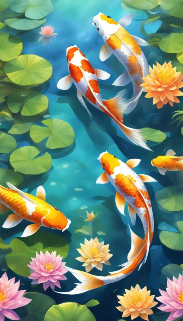 iPhone wallpaper featuring orange and white koi fish swimming among green lily pads in clear blue water