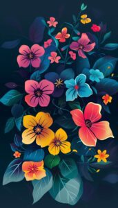 A rich, dark background featuring a mix of brightly colored flowers and deep green foliage, suitable for iPhone wallpaper or phone background.