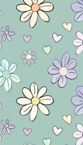 A pastel pattern with white, yellow, pink, and blue daisies interspersed with small hearts on a mint green background, ideal for a cute iPhone wallpaper or phone background.