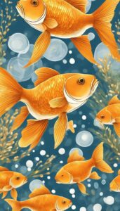 A cluster of vibrant orange goldfish swimming amidst bubbles and aquatic plants on a dark blue background, suitable for phone wallpaper.