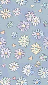 A playful pattern of pastel-colored daisies and hearts on a blue background, suitable as a whimsical iPhone wallpaper or phone background.