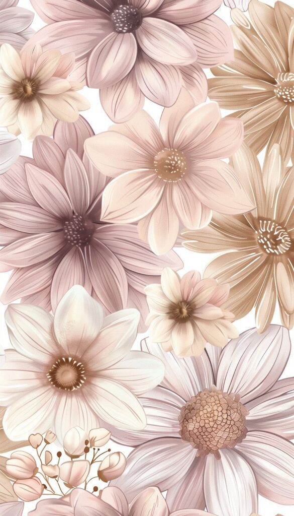 A variety of pastel-colored flowers, including shades of pink and beige, closely arranged to form a cohesive floral pattern, ideal for use as iPhone wallpaper or phone background.