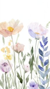 Pastel watercolor painting of spring flowers, including peach, yellow, and lavender blossoms, suitable for a calming iPhone wallpaper or phone background.