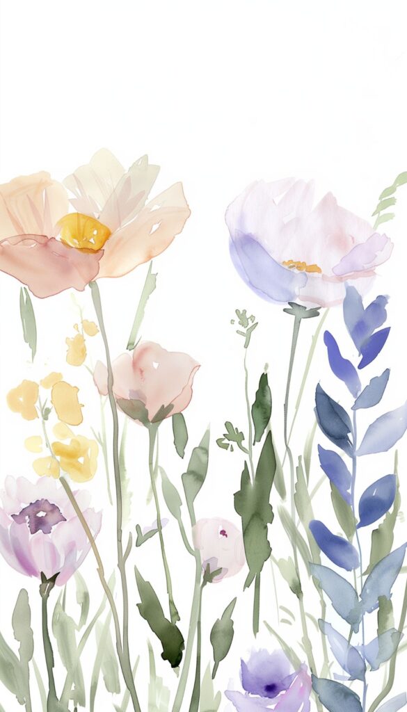 Pastel watercolor painting of spring flowers, including peach, yellow, and lavender blossoms, suitable for a calming iPhone wallpaper or phone background.