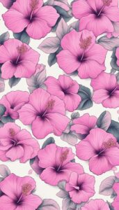 A collection of pink hibiscus flowers with gray leaves on a seamless white background, designed for an iPhone wallpaper.