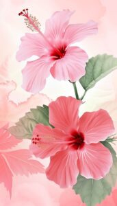 Illustration of two pink hibiscus flowers with prominent red centers and detailed green leaves on a pastel pink background, ideal for an iPhone wallpaper.