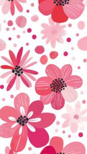 iPhone wallpaper featuring large pink flowers and scattered polka dots on a white background, creating a bright and playful phone background.