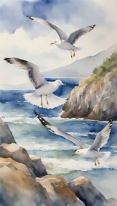 Three seagulls flying above choppy blue sea waters near jagged coastal cliffs under a cloudy sky, depicted in a watercolor style ideal for an iPhone wallpaper or phone background.