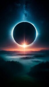 A solar eclipse above a mist-covered forest landscape for an iPhone wallpaper.