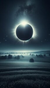 A solar eclipse looming over a serene field with scattered trees, creating a dramatic contrast between the darkened sky and the illuminated landscape, suitable for an iPhone wallpaper.