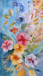 Colorful watercolor painting of spring flowers with blue, yellow, pink, and orange blooms, ideal for iPhone wallpaper or phone background.