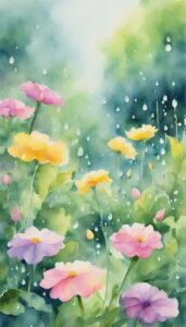 Watercolor illustration of colorful spring flowers with raindrops on their petals, perfect for an iPhone wallpaper.