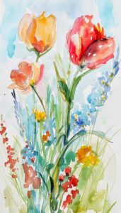 Watercolor painting of colorful tulips in red, orange, and blue hues, ideal for a floral-themed iPhone wallpaper or phone background.