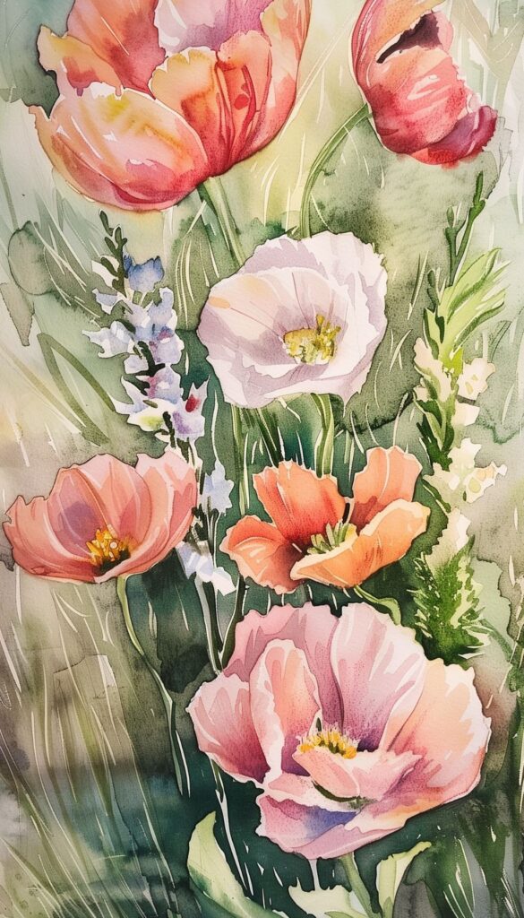 Watercolor painting of bright poppies and spring flowers, perfect for an iPhone wallpaper.