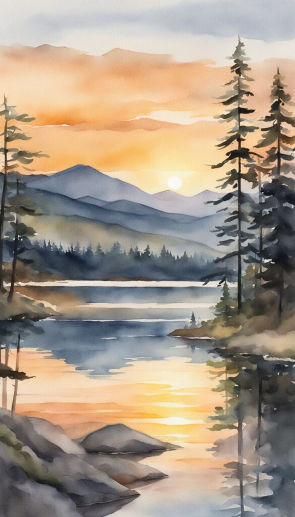 Sunset over a forested mountain range with a lake in the foreground, featuring silhouettes of pine trees against a warm orange and amber sky, ideal for an iPhone wallpaper.