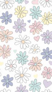 Hand-drawn daisies in pastel shades of yellow, pink, lavender, and blue, with small hearts interspersed, set as a playful iPhone wallpaper or phone background.