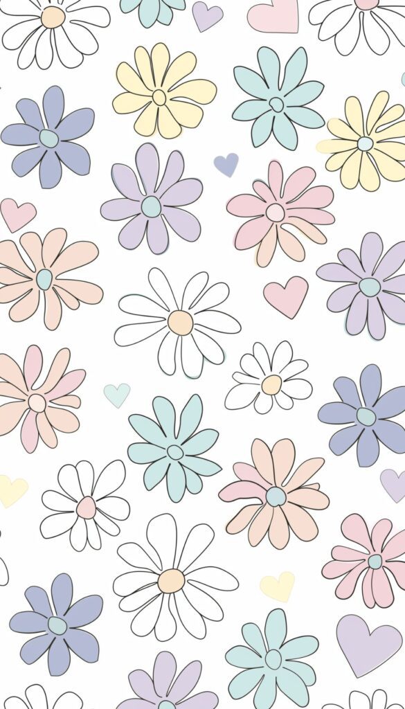 Hand-drawn daisies in pastel shades of yellow, pink, lavender, and blue, with small hearts interspersed, set as a playful iPhone wallpaper or phone background.