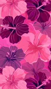 A digital collage of pink and purple hibiscus flowers, creating a tropical-themed background suitable for an iPhone wallpaper.