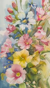 A watercolor painting of spring flowers in pastel colors, ideal for a fresh and floral iPhone wallpaper.