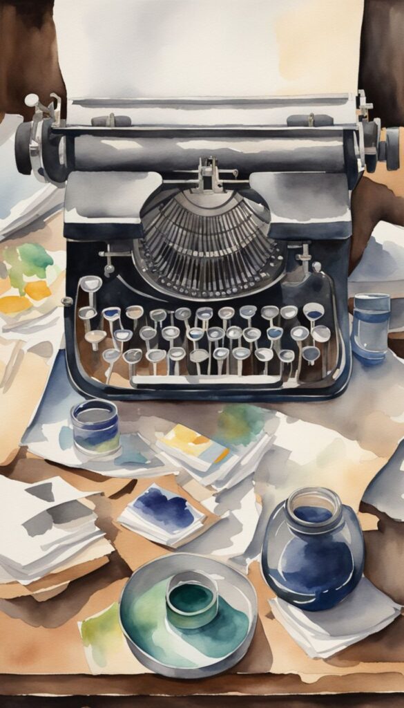 Vintage typewriter with paper and ink pots depicted in a watercolor painting, suitable as a nostalgic and artistic iPhone wallpaper or phone background.