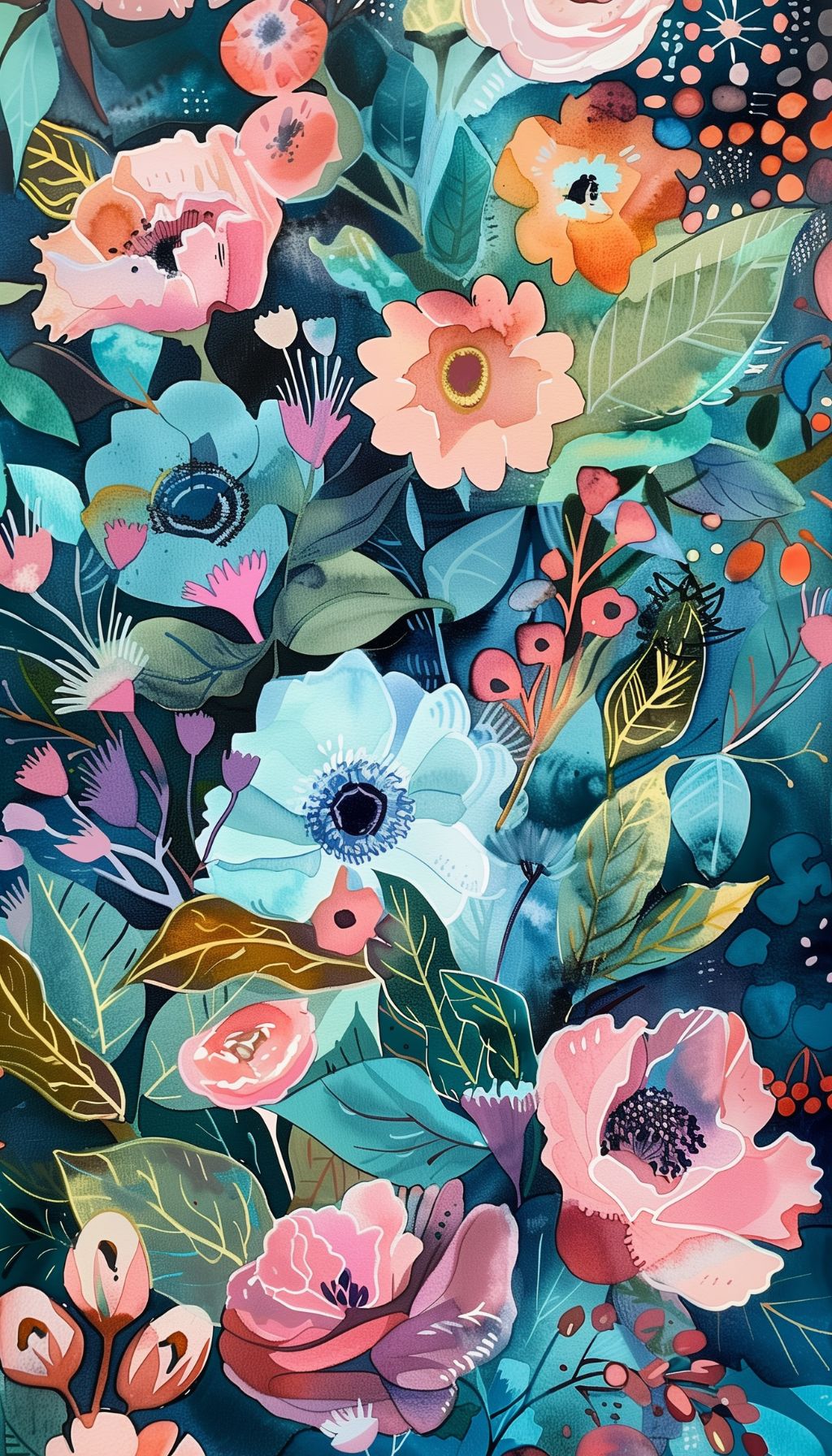 Vibrant floral design with colorful flowers and leaves for iPhone wallpaper