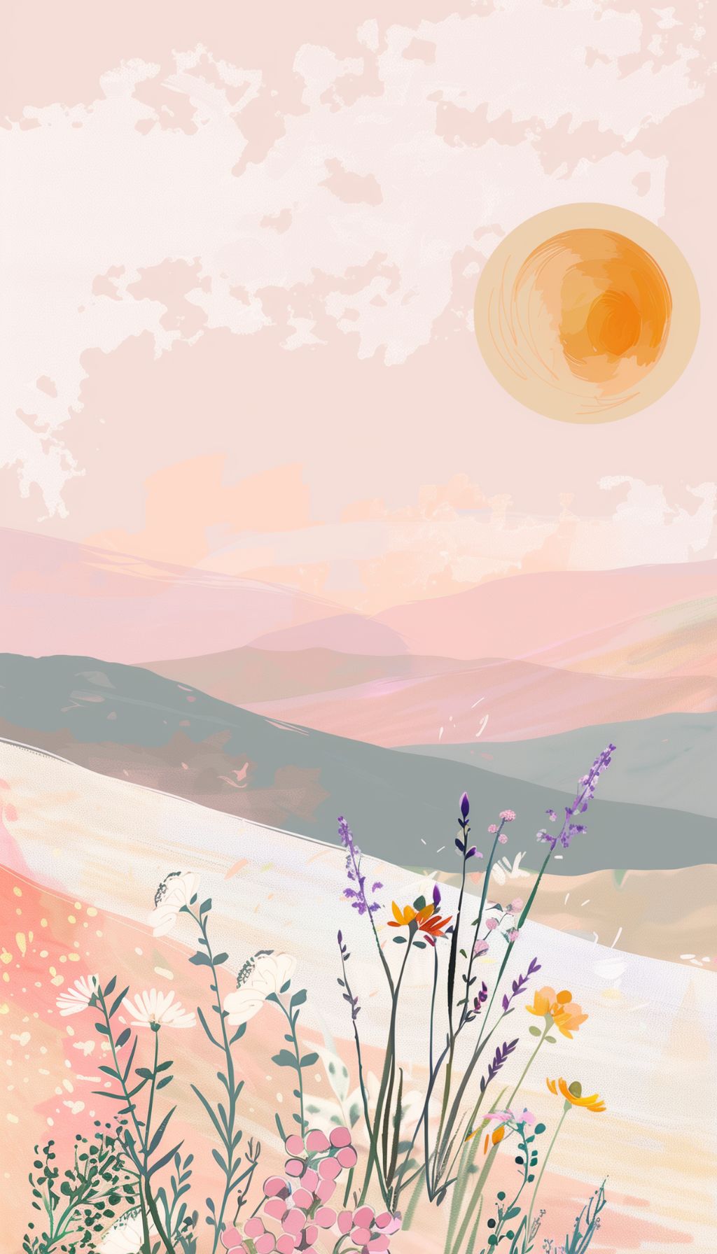 Digital illustration of a pastel sunrise over gentle hills, decorated with various wildflowers in soft colors, ideal for iPhone wallpaper or lock screen.