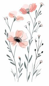 A floral iPhone wallpaper showing hand-drawn poppies in pink and gray against a white background, offering a simple and elegant phone background.