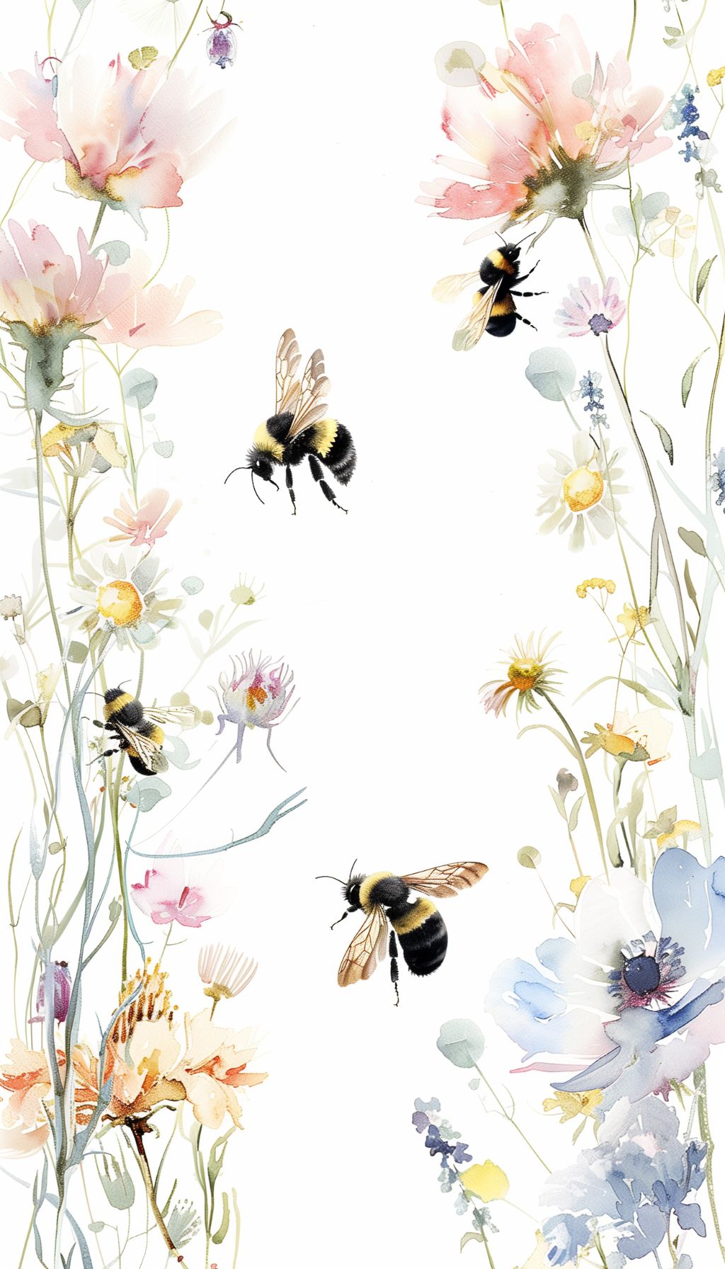 Watercolor iPhone wallpaper displaying summer flowers in pastel colors with detailed bumblebees in mid-flight, suitable for phone backgrounds and lock screens.