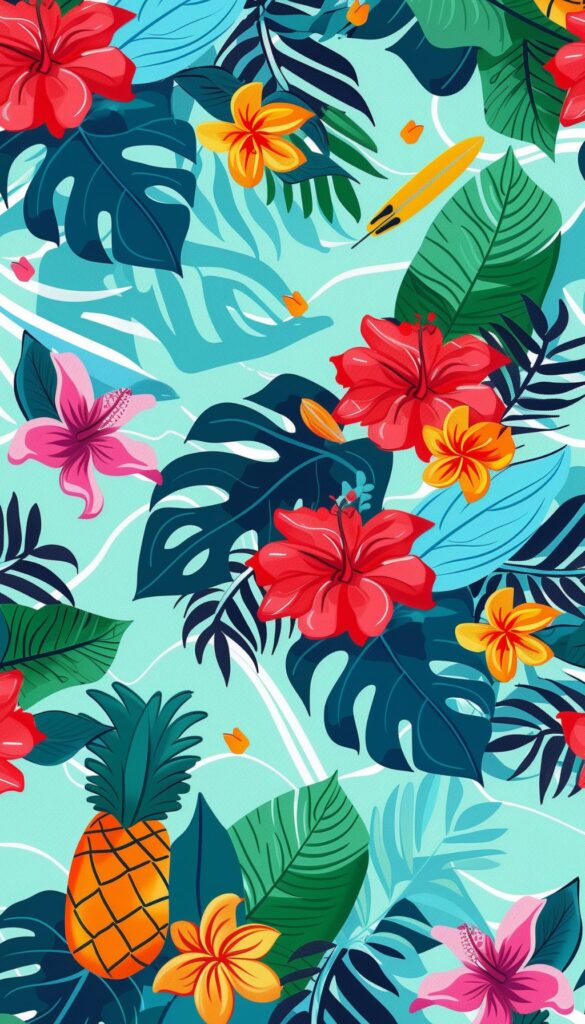 A tropical floral wallpaper with red, yellow, and pink flowers surrounded by lush green leaves, perfect for an iPhone lock screen.