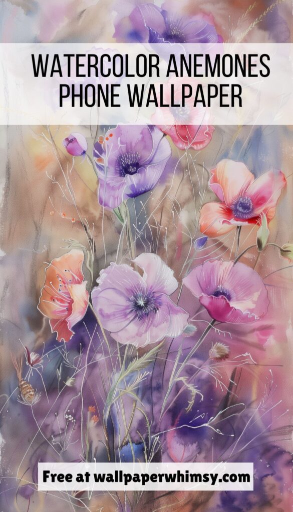 Pastel Watercolor Anemones iPhone Wallpaper graphic.