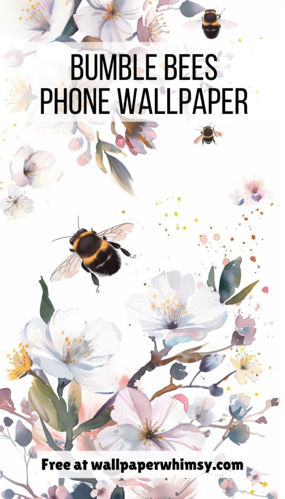 Bumble Bees and Spring Blossoms iPhone Wallpaper graphic.