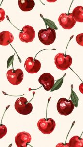 Cherry Pattern iPhone Wallpaper featuring vibrant red cherries on a light background.