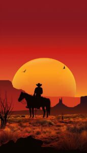 Cowboy Sunset Silhouette iPhone Wallpaper featuring a cowboy on horseback against a vibrant sunset.